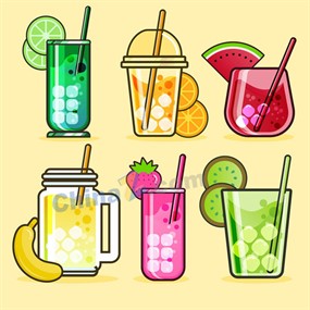 手绘各种容器装的新鲜果汁